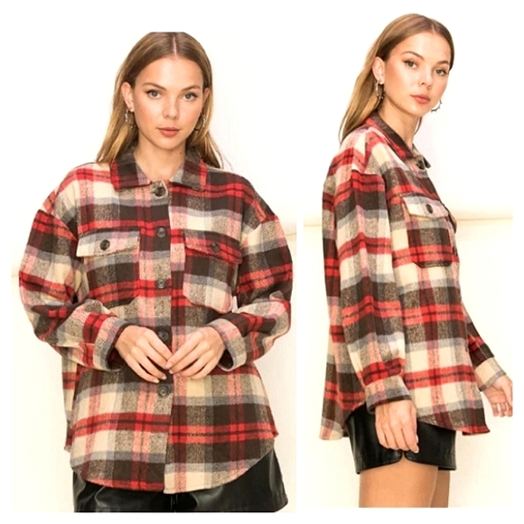 Hyfve Plaid Shacket Size Medium Red Black Cream - Picture 4 of 14